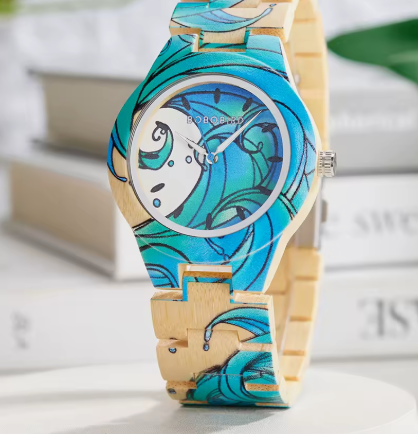 A printed turquoise wooden wristwatch photographed for investigation.